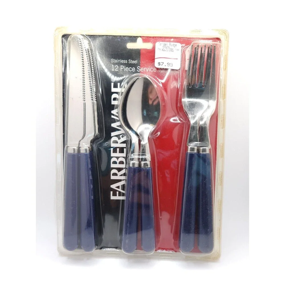 NIP Farberware 12 Pc Flatware Set Navy Blue Handles Stainless Service for 4 VTG
